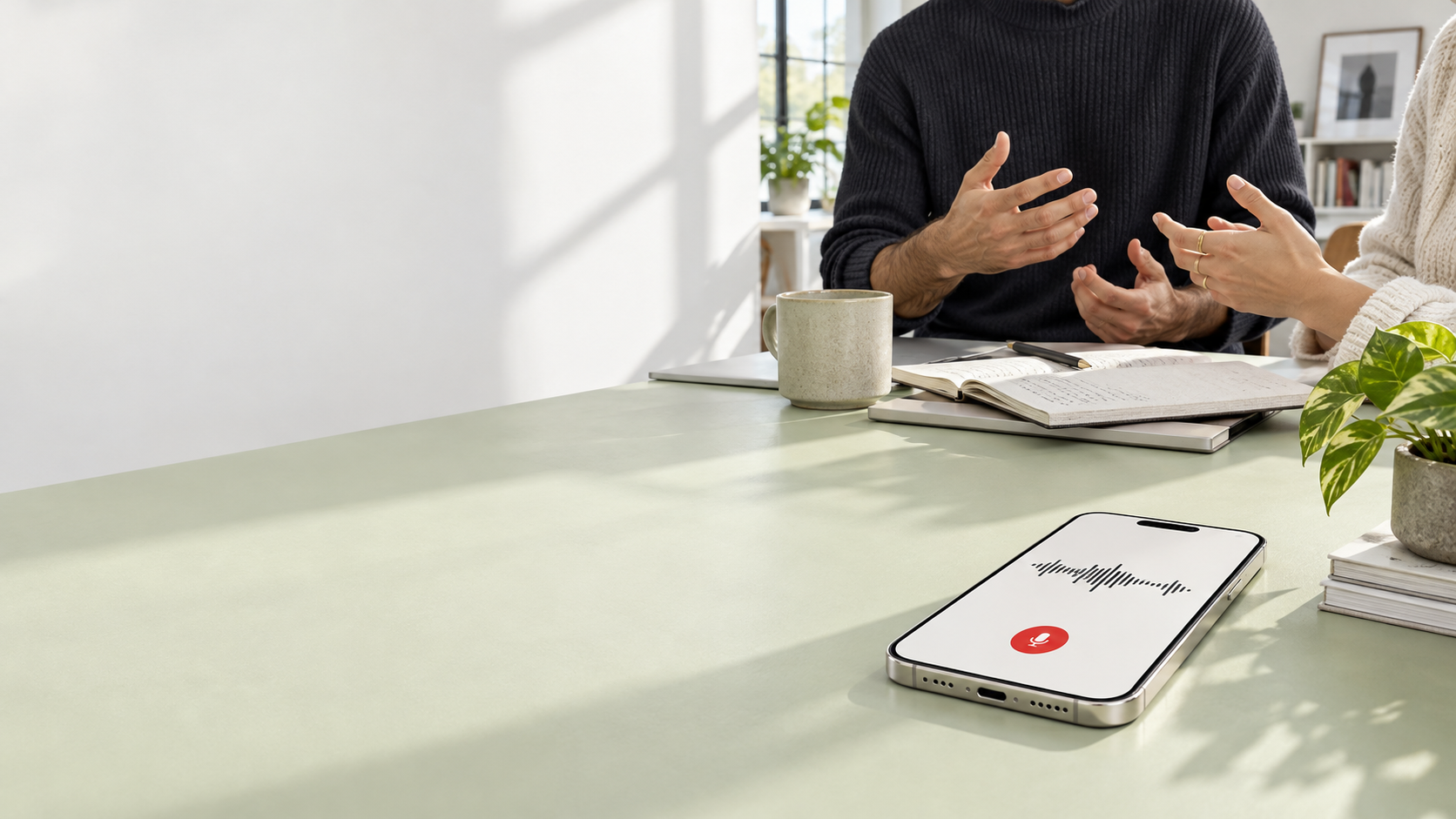A phone recording a conversation at a table
