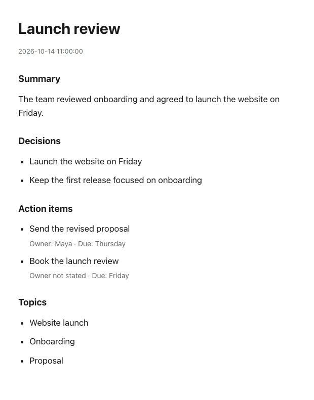 Ramblings recording note with summary, decisions, action items and topics